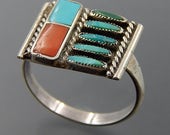Charlene Zunie Zuni sterling silver turquoise needlepoint coral inlay ring size 7.5