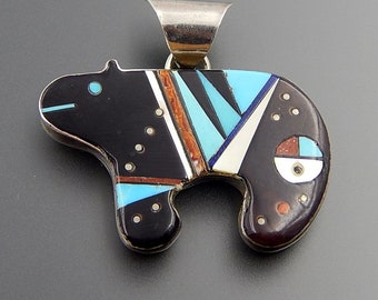 Genuine Multi Color Stone Inlay Solid 925 Sterling Silver Bear Pendant ...