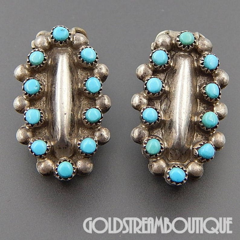 Zuni signed gdm sterling silver turquoise snake eye oval clip earrings