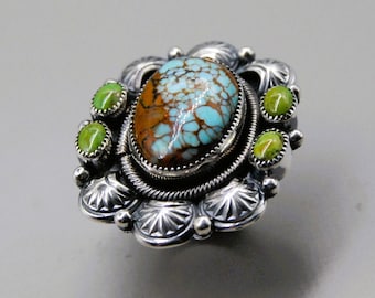 Handcrafted Sonoran and  Royston Blue Horizon Turquoise Sterling Silver Statement Ring - Size 7