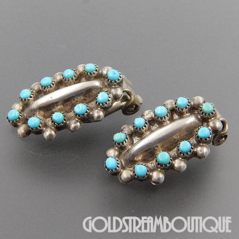Zuni signed gdm sterling silver turquoise snake eye oval clip earrings