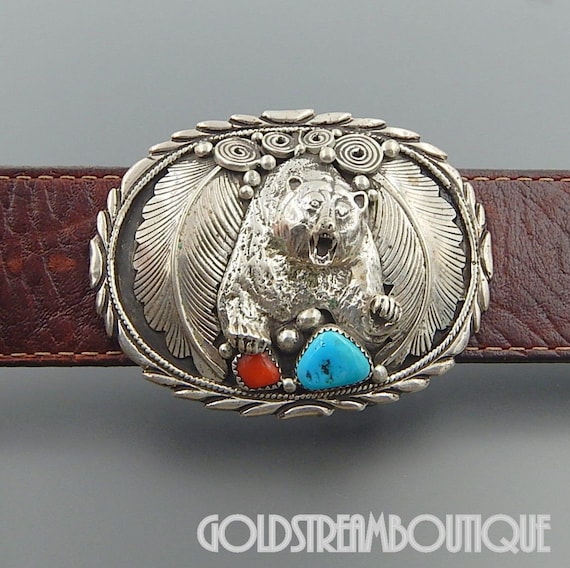 Vintage oval grizzly bear and turquoise sterling … - image 4