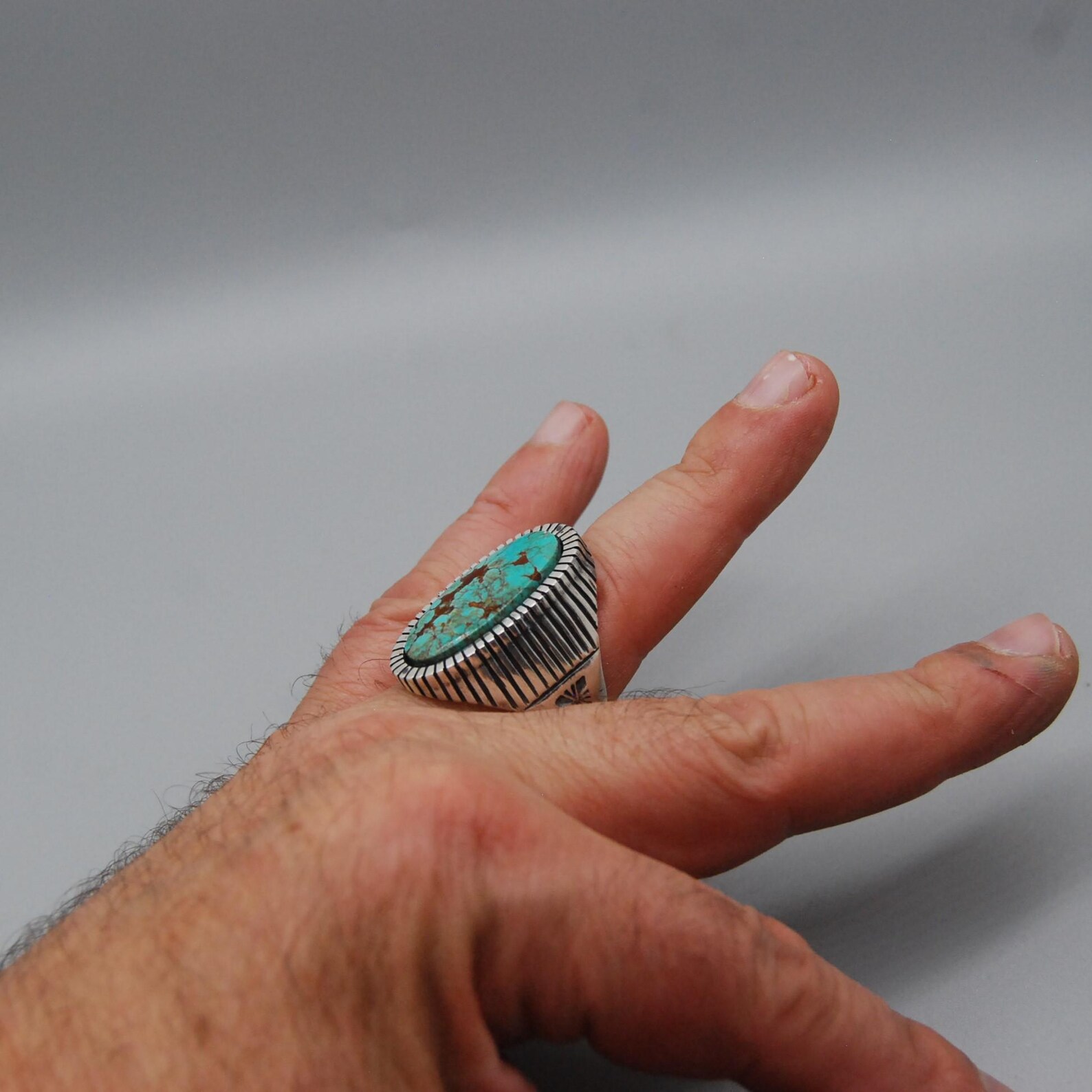 Handcrafted Sterling Silver Kingman Turquoise Statement Ring - Size 12. ...