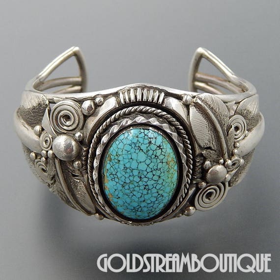 Navajo Bangle Bracelet Sterling Silver and Turquoise, signed