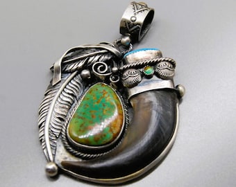 Handcrafted Sterling Silver Faux Bear Claw Pendant, Sonoran & Kingman Turquoise