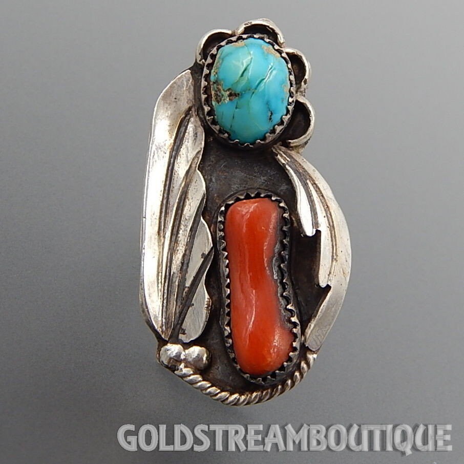 Vintage Navajo Turquoise & Coral Sterling Silver Ring – Size 6.25 - Etsy