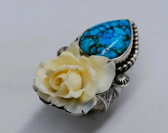 Handcrafted Artisan Sterling Silver Rose and Kingman Turquoise statement  Ring - Size 7.5