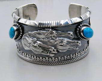 Handcrafted Sterling Silver Turquoise Horse Cuff - Kingman Turquoise, 7.25"