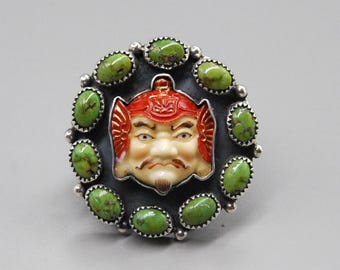Handcrafted Sterling Silver Toshikane Bishamonten Japanese Arita porcelain sonoran Turquoise Ring - Size 8.5