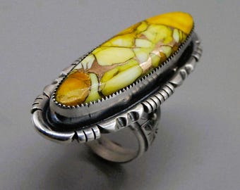 Handcrafted Eli Gofman Sterling Silver Honey Dahlia Turquoise Elongated Ring - Size 8.5