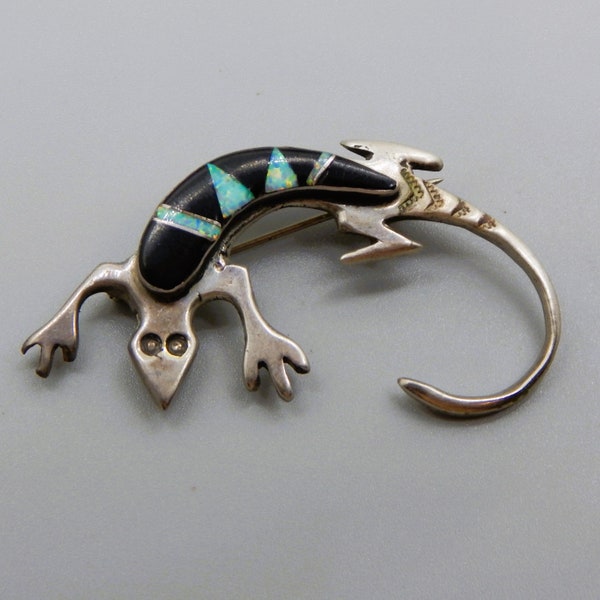 Fabriqué à la main par Melissa Yazzie Navajo en argent sterling opale et incrustation d'onyx noir broche lézard