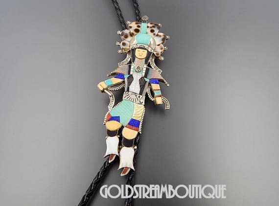 Hueg Dancer Early Vintage Native American Zuni Turquoise Sterling Silver Bolo Tie Hueg Dancer Early Vintage Native American Zuni Turquoise Sterling Silver Bolo Tie