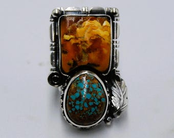 Handcrafted Artisan Sterling Silver Baltic and Royston Turquoise statement  Ring - Size is adjustable