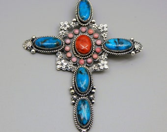 Handcrafted Sterling Silver Cross: Kingman Turquoise & Red Spiny Oyster