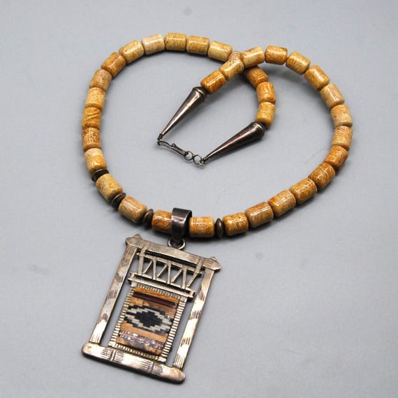 Handcrafted Navajo Sterling Silver Rug Design Pendant, Jasper Necklace