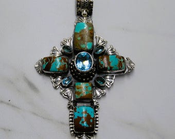Handcrafted Sterling Silver Cross: Number Eight Turquoise, Topaz, Aquamarine