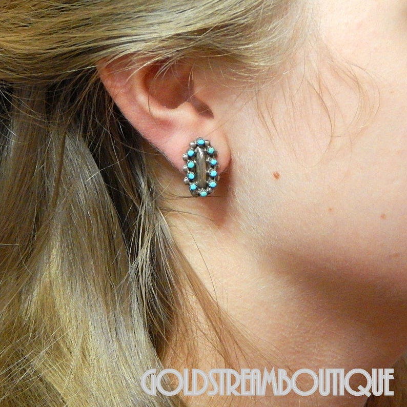 Zuni signed gdm sterling silver turquoise snake eye oval clip earrings