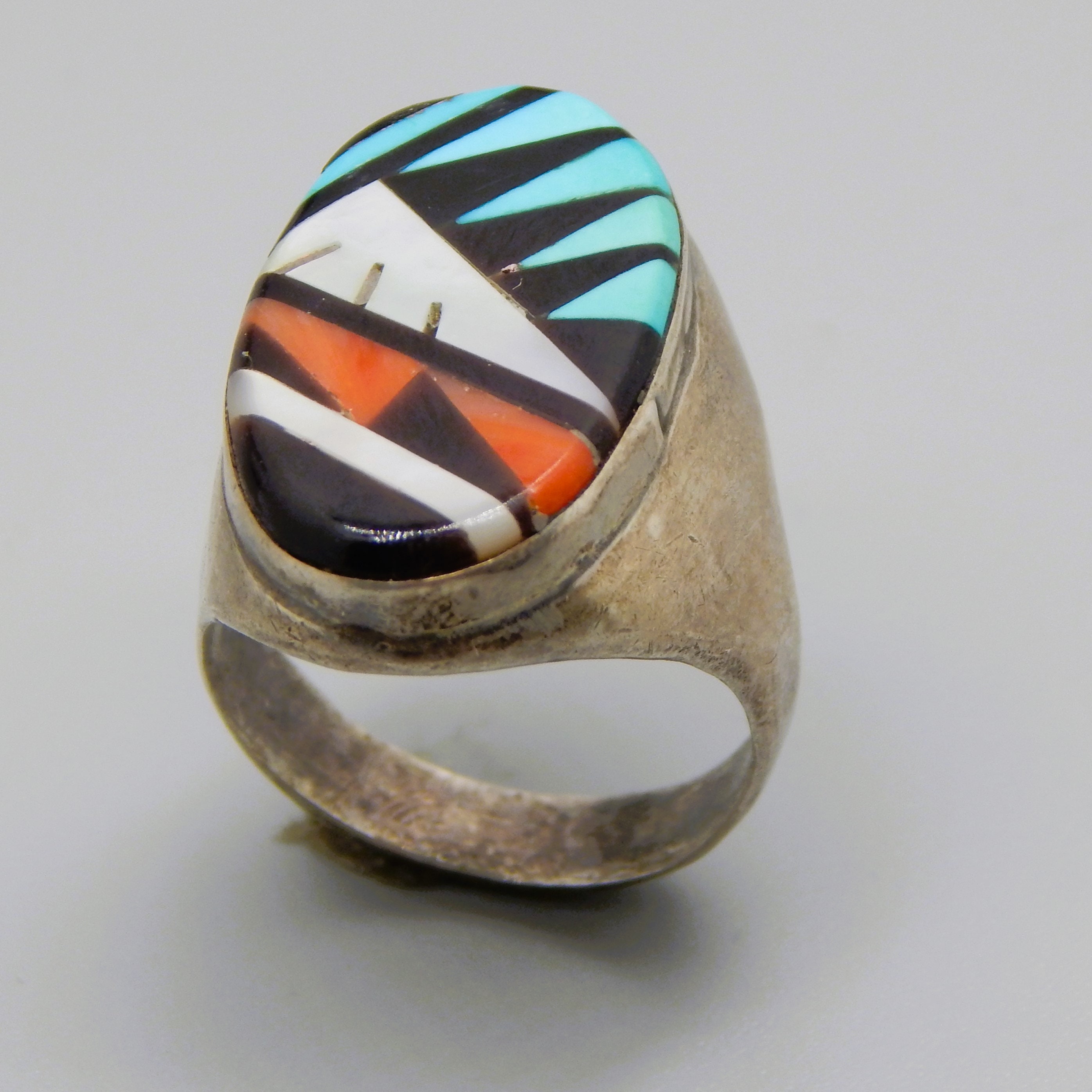 Vintage Zuni Sterling Silver Multi Gem Mosaic Inlay Ring - Size 12