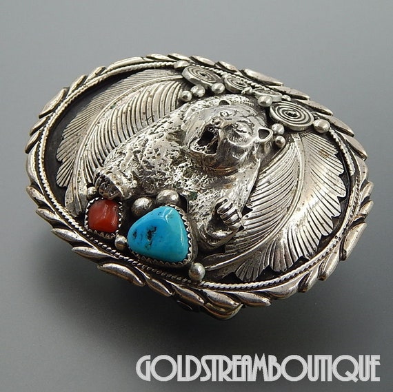 Vintage oval grizzly bear and turquoise sterling … - image 2