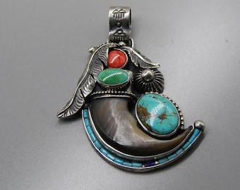 Sterling Silver Bear Faux Claw Pendant, Sonoran Turquoise & Spiny Oyster