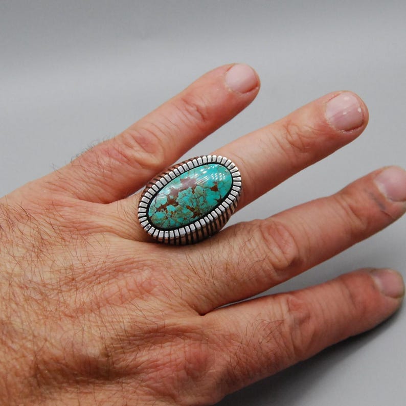 Handcrafted Sterling Silver Kingman Turquoise Statement Ring - Size 12. ...