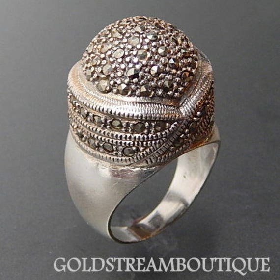 925 silver stamped marcasite statement ring Size 6 14