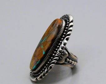 Handcrafted E. Gofman Sterling Silver Oval Ribbon Turquoise Feather statement Ring - Size 8