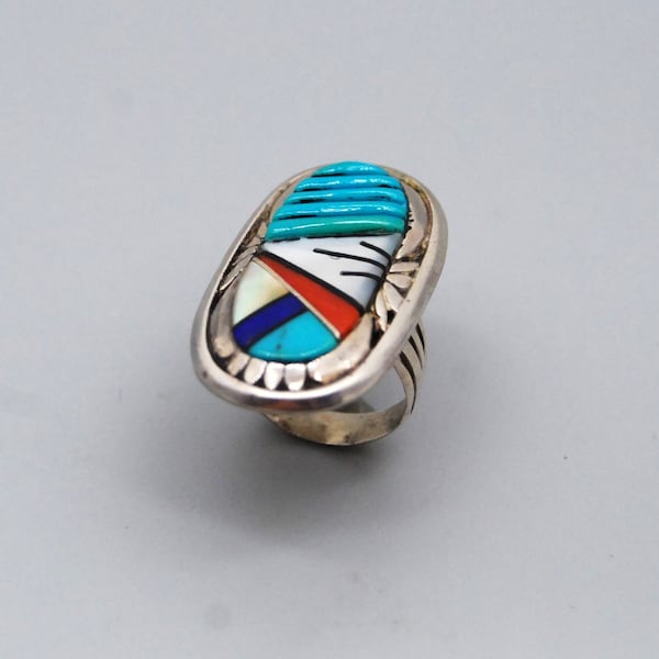 Navajo sterling silver multi gemstone mosaic inlay oval ring size 5.75
