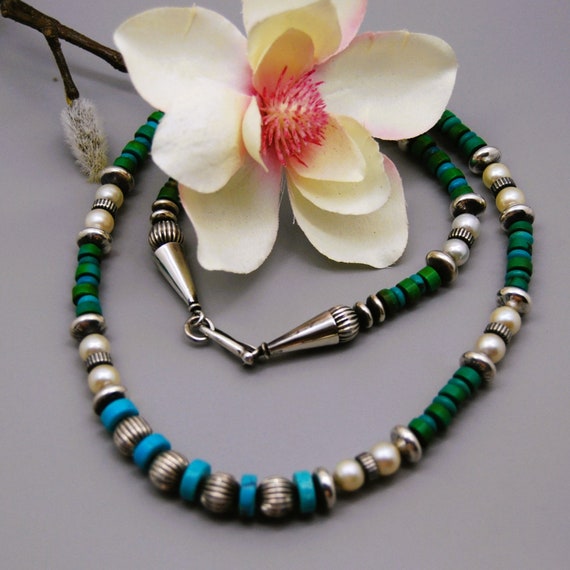 Handcrafted sterling silver beaded necklace with … - image 2