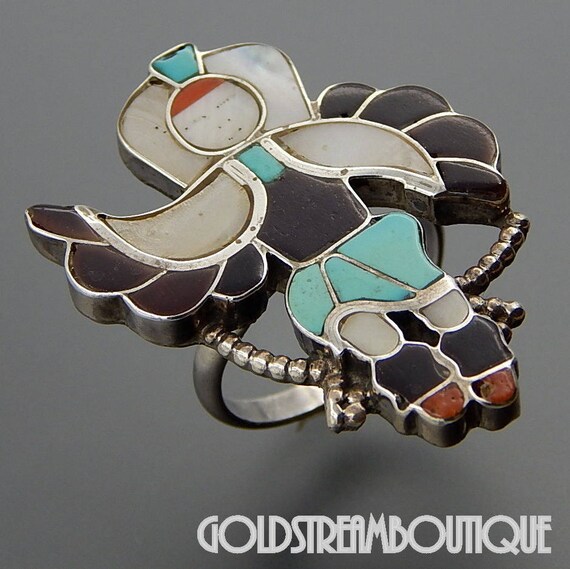 Zuni Inlay Eagle Dancer Ring: Sterling Silver Gem… - image 3