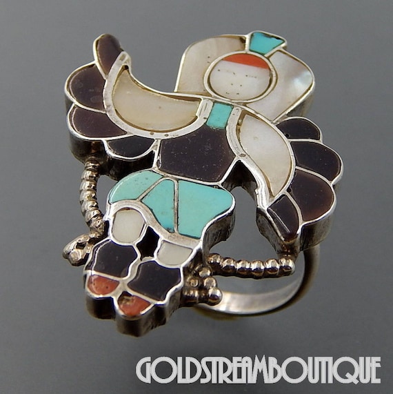 Zuni Inlay Eagle Dancer Ring: Sterling Silver Gem… - image 1
