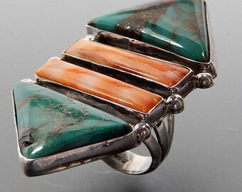 Vintage Navajo museum sterling silver turquoise spiny oyster huge arrowhead ring