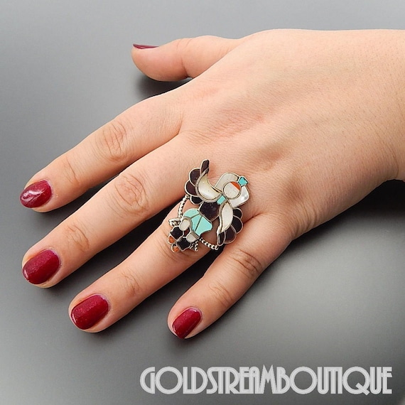 Zuni Inlay Eagle Dancer Ring: Sterling Silver Gem… - image 2