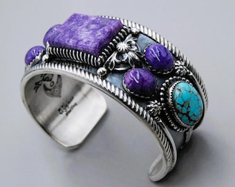 Handcrafted Eli Gofman Sterling Silver Charoite Number Eight Turquoise Handstamped Cuff Bracelet