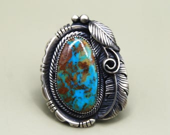 Handcrafted Royston Turquoise Sterling Silver Feather Ring - Size 8