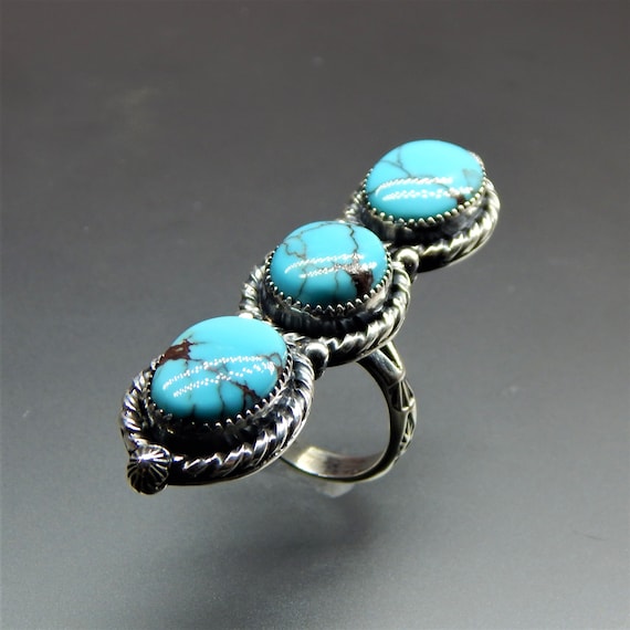 Handmade Sterling Silver Egyptian Turquoise Three Stone Ring