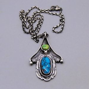 Handcrafted Sterling Silver Turquoise Pendant Necklace - Artisan Stamped 22&quot; Chain