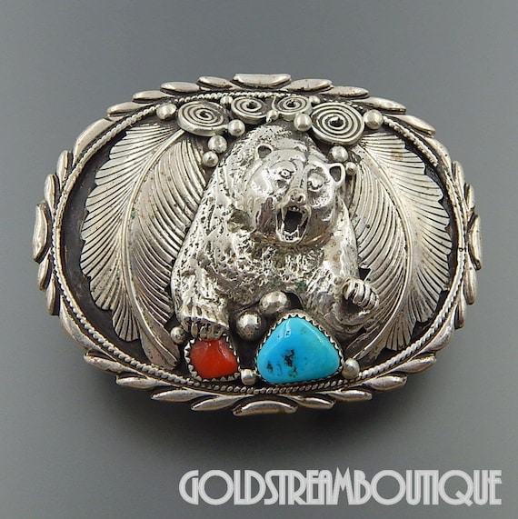 Vintage oval grizzly bear and turquoise sterling … - image 1