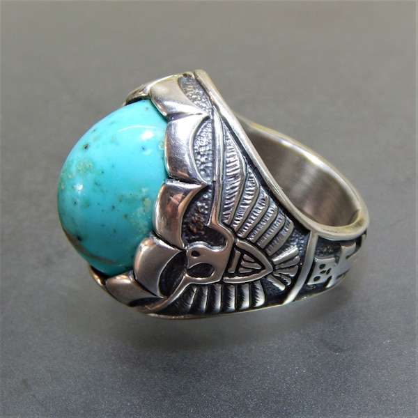 Handcrafted by Eli Gofman sterling silver and Kingman turquoise eagle detailed statement ring size 10