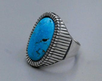 Handcrafted Kingman Turquoise Sterling Silver Statement Ring - Size 12.5