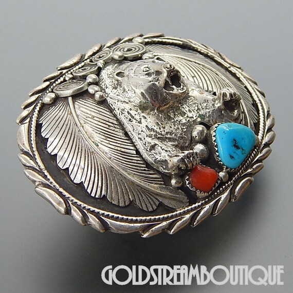 Vintage oval grizzly bear and turquoise sterling … - image 3