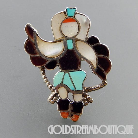 Zuni Inlay Eagle Dancer Ring: Sterling Silver Gem… - image 5