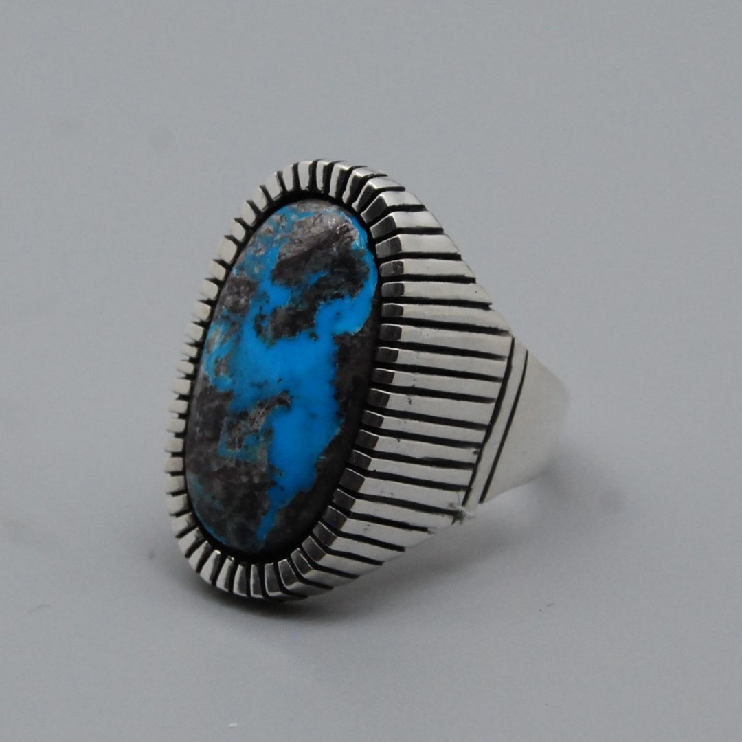 Handcrafted Kingman Turquoise Sterling Silver Statement Ring - Size 12. ...