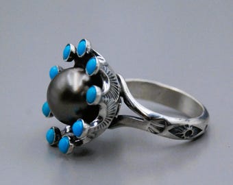 Handcrafted Sterling Silver Tahitian Black Pearl Ring, Turquoise Accent, Size 7.5