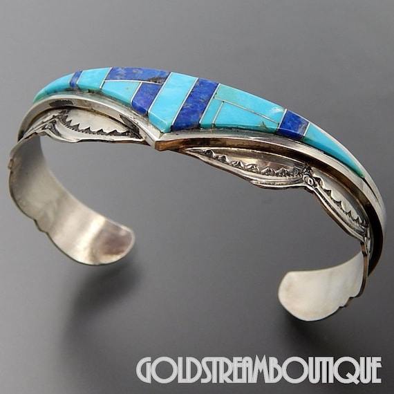 Native American Striking Zuni Inlaid Royston Turquoise Sterling Silver Bracelet Native American Striking Zuni Inlaid Royston Turquoise Sterling Silver Bracelet