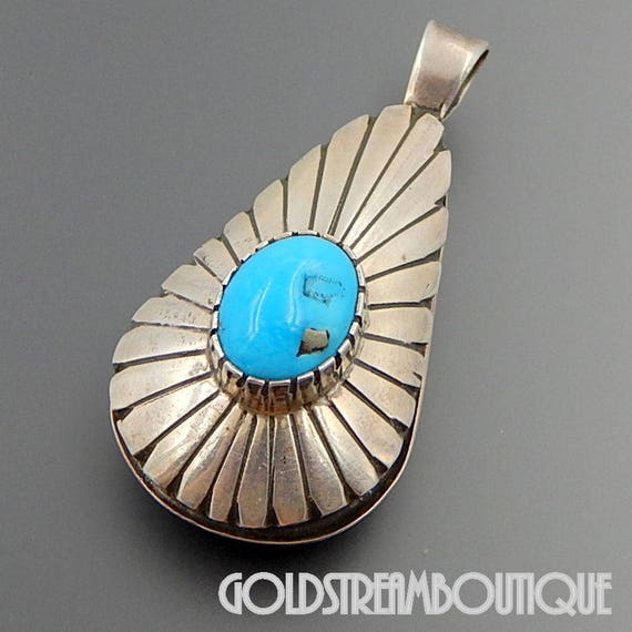 Benjamin Piaso Navajo Sterling Silver Oval Turquoise Sun Rays Tear