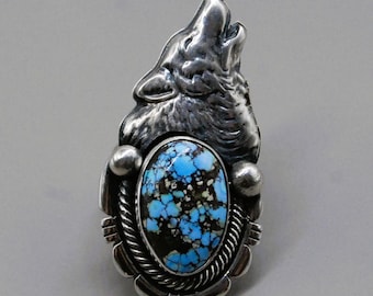 Handcrafted Eli Gofman Sterling Silver Golden Hill Turquoise Wolf Ring - Size 9