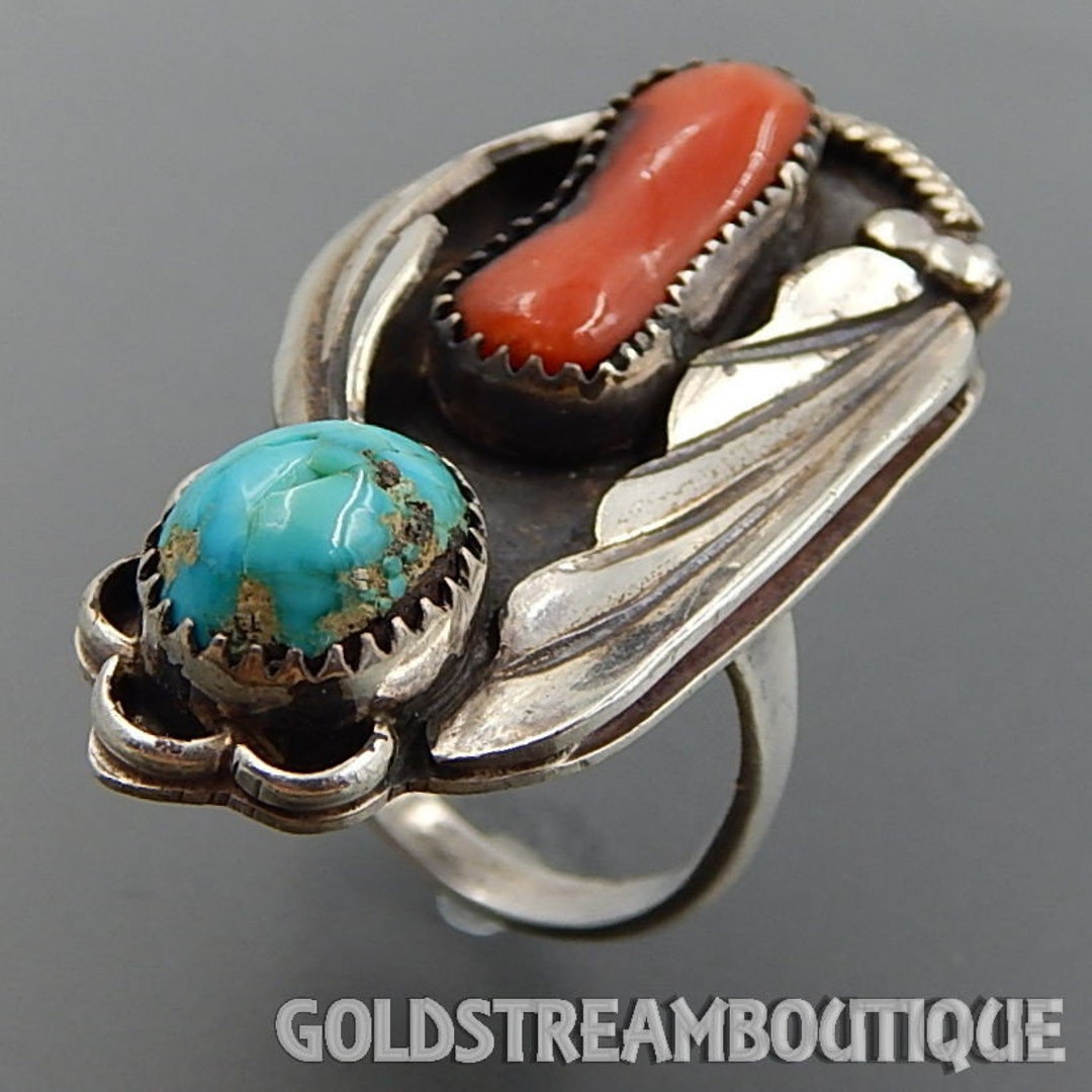 Vintage Navajo Turquoise & Coral Sterling Silver Ring – Size 6.25 - Etsy