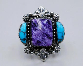 Handcrafted Sterling Silver Eli Gofman Charoite Egyptian Turquoise Ring - Size 8