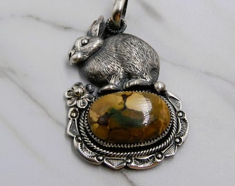 Handcrafted by Eli Gofman sterling silver Royston turquoise " Spring Bunny " floral pendant